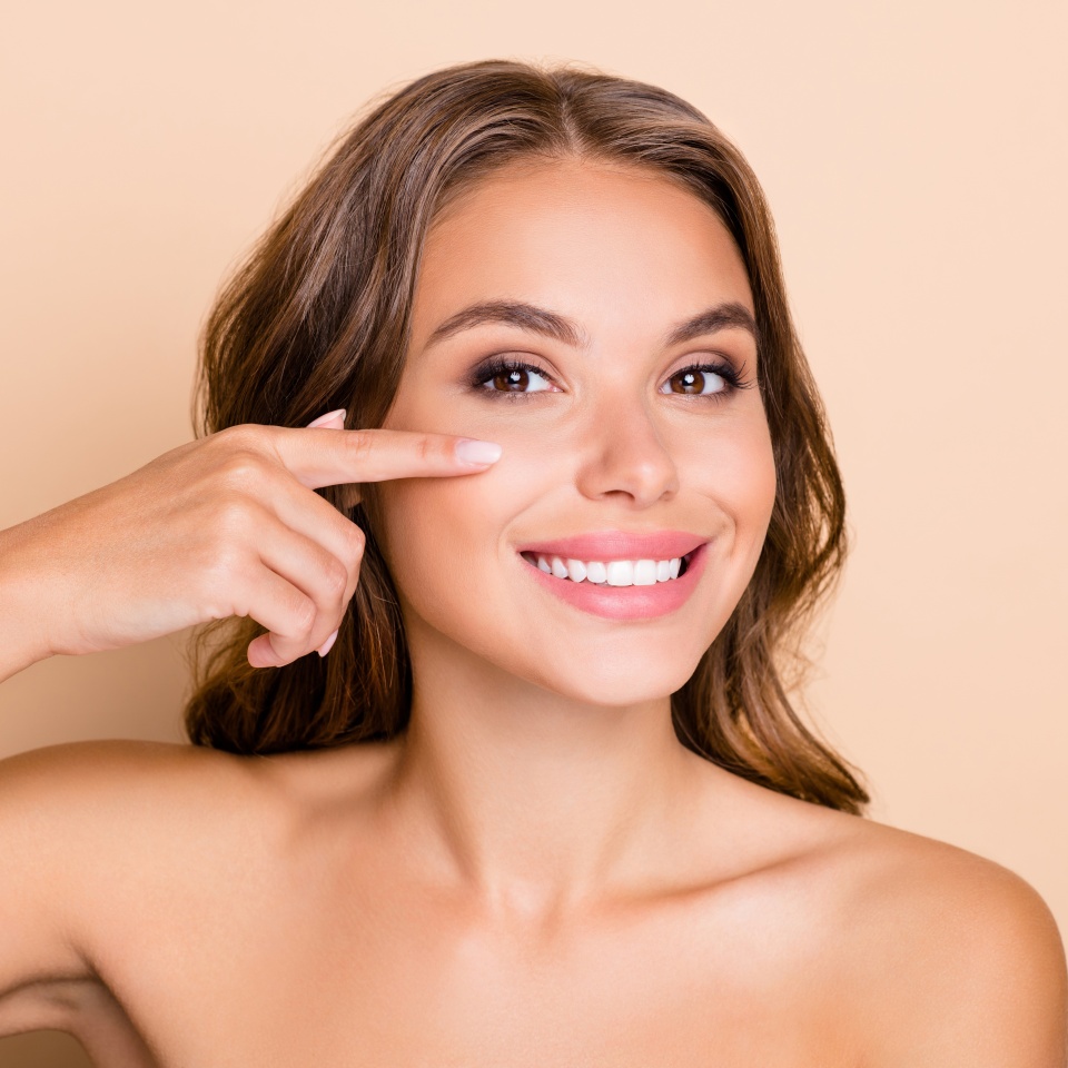 Photo of nice long hairdo optimistic lady without clothes hand face isolated on pastel beige color background