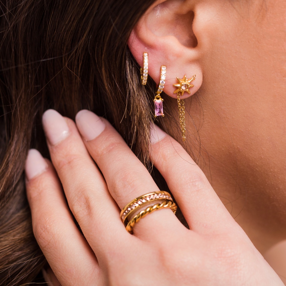 Earrings and ring on a beautiful girl close-up- gold jewelry with stones