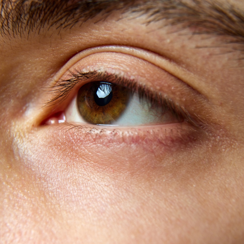 Close up photo of brown eyes of young man. Male model with well-kept skin without imperfections. Concept of beauty treatment, male health, body care, spa treatment, hygiene.