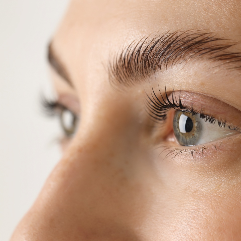Beautiful woman after lash laminating and tinting procedure on light background, closeup