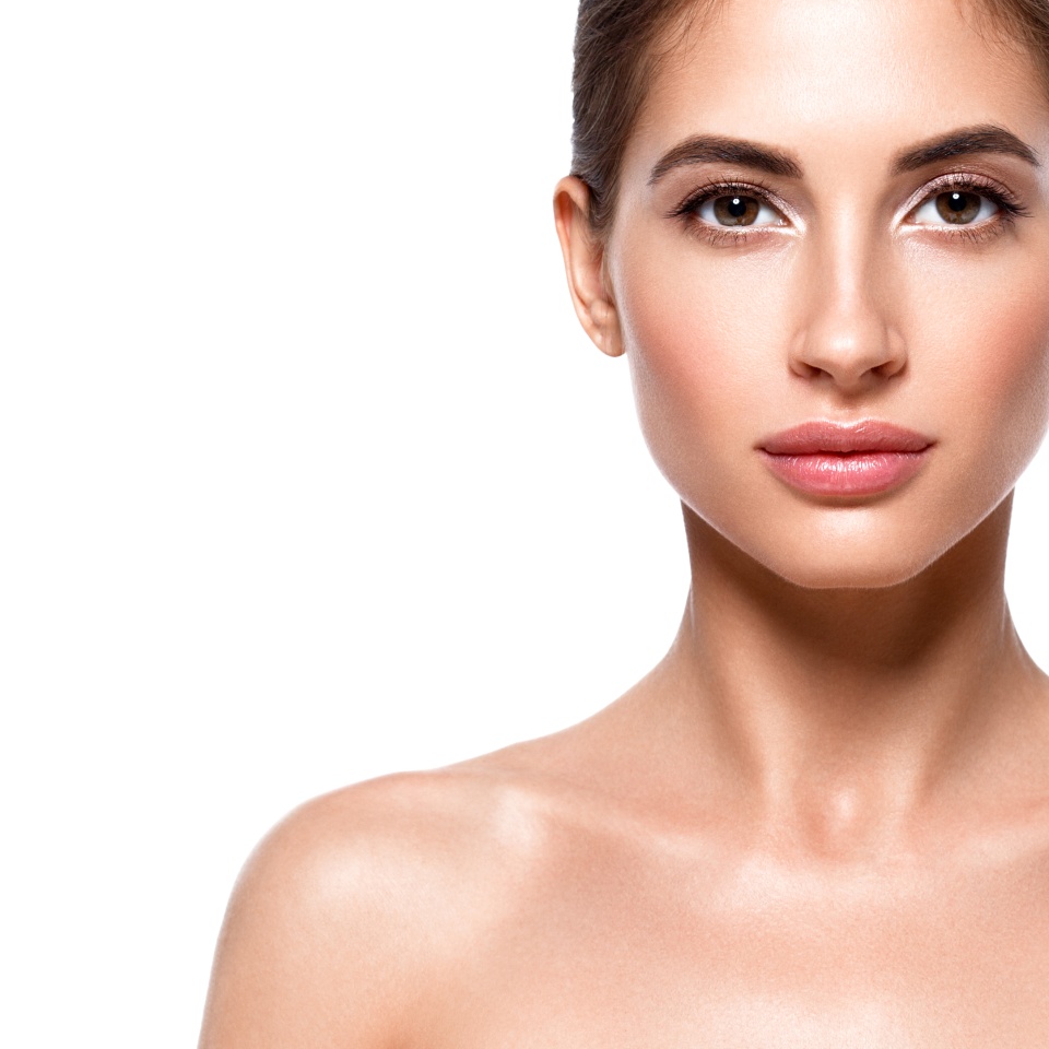 Beautiful woman face close up studio on white